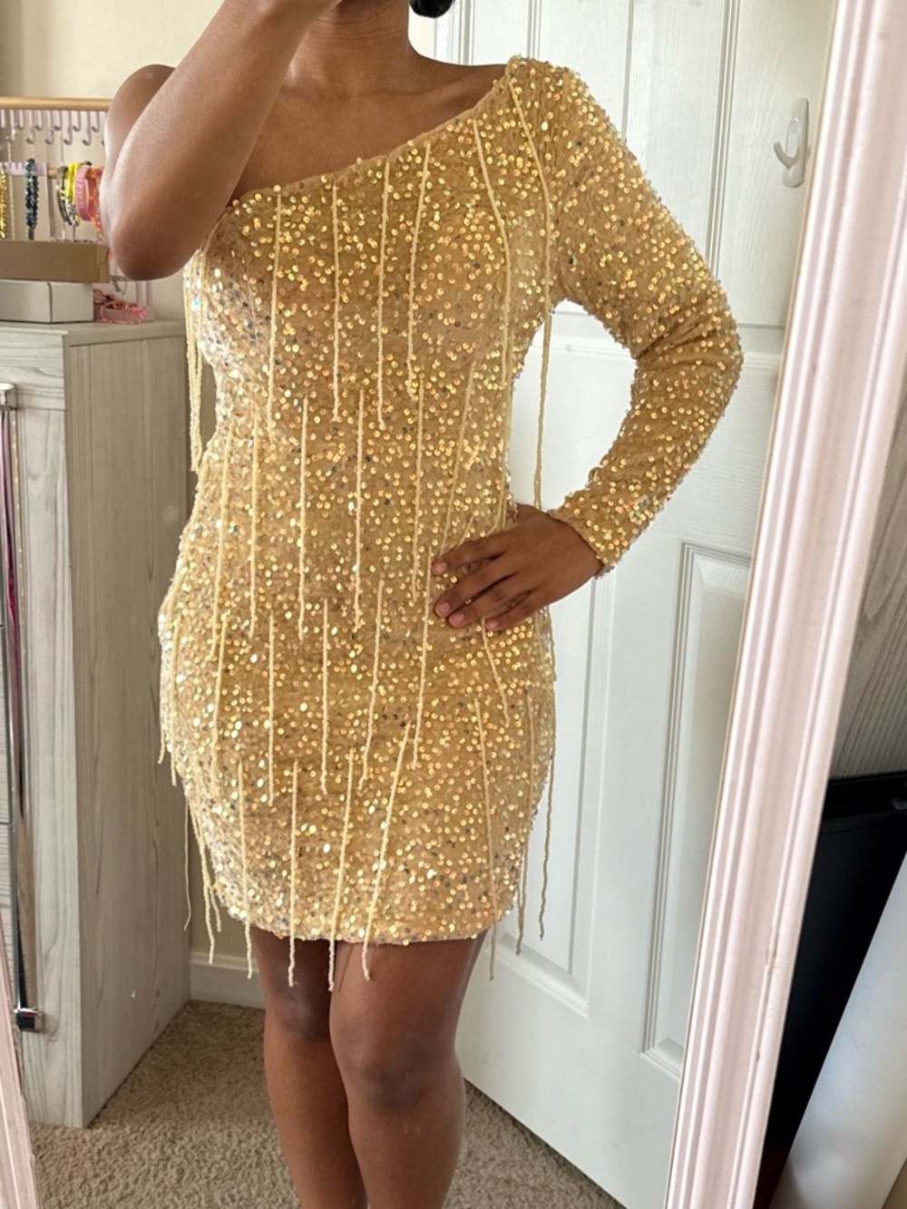 Junior’s One Shoulder Long Sleeve Sequin Dress